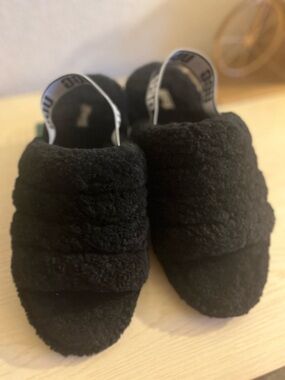UGG Black Fuzzy Slide Sandals with Logo Strap